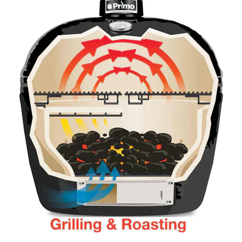 Primo All-In-One Oval Ceramic Kamado Grill With Cradle, Side Shelves, And Stainless Steel Grates - PGCXLC