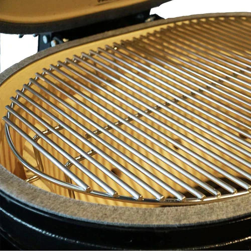 Primo All-In-One Oval Ceramic Kamado Grill With Cradle, Side Shelves, And Stainless Steel Grates - PGCXLC