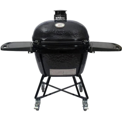 Primo All-In-One Oval Ceramic Kamado Grill With Cradle, Side Shelves, And Stainless Steel Grates - PGCXLC