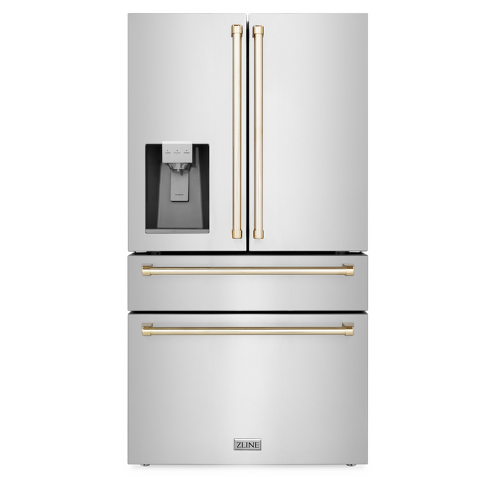 ZLINE 36" Autograph Edition 21.6 cu. ft Freestanding French Door Refrigerator with Water and Ice Dispenser in Fingerprint Resistant Stainless Steel with Accents - RFMZ-W-36