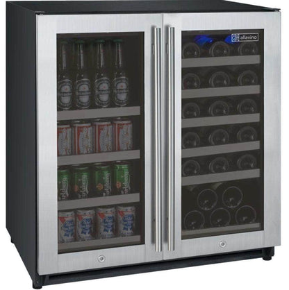 Allavino 30" Wide FlexCount II Tru-Vino 30 Bottle/88 Can Dual Zone Stainless Steel Built-In Wine Refrigerator/Beverage Center (VSWB30-2SF20)