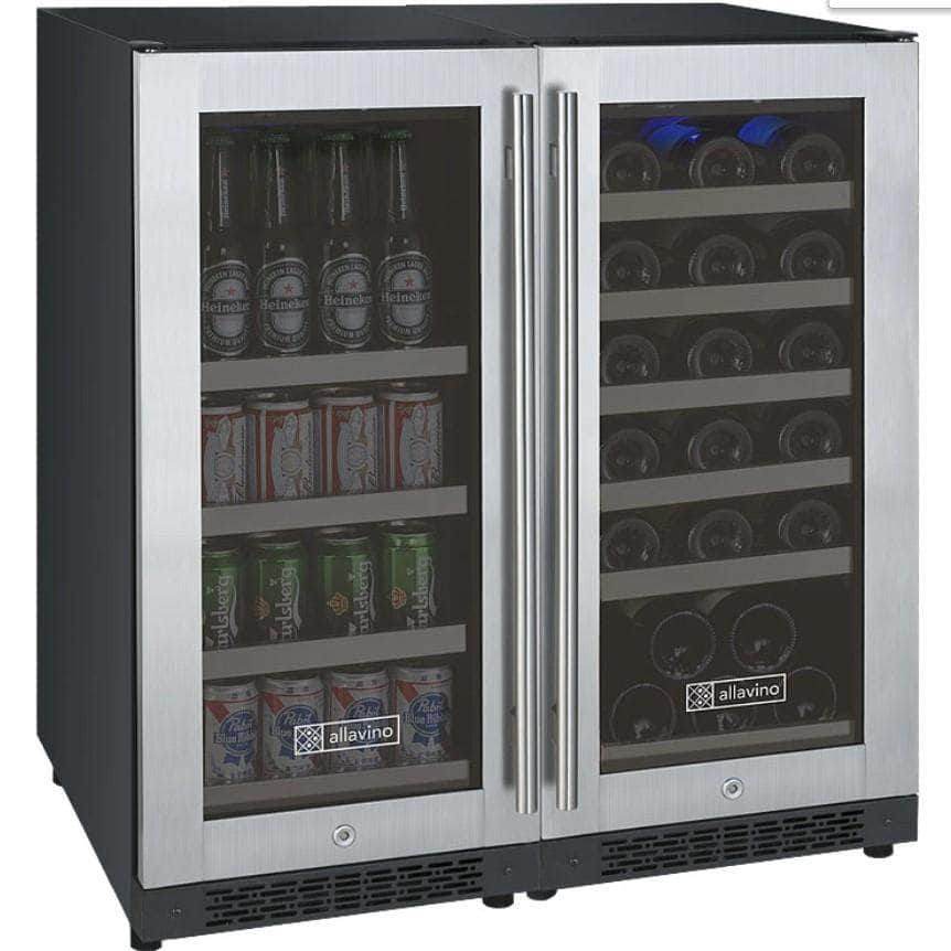 Allavino 30" Wide FlexCount II Tru-Vino 30 Bottle/88 Can Dual Zone Stainless Steel Side-by-Side Wine Refrigerator/Beverage Center (3Z-VSWB15-2S20)