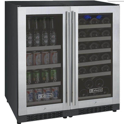 Allavino 30" Wide FlexCount II Tru-Vino 30 Bottle/88 Can Dual Zone Stainless Steel Side-by-Side Wine Refrigerator/Beverage Center (3Z-VSWB15-2S20)