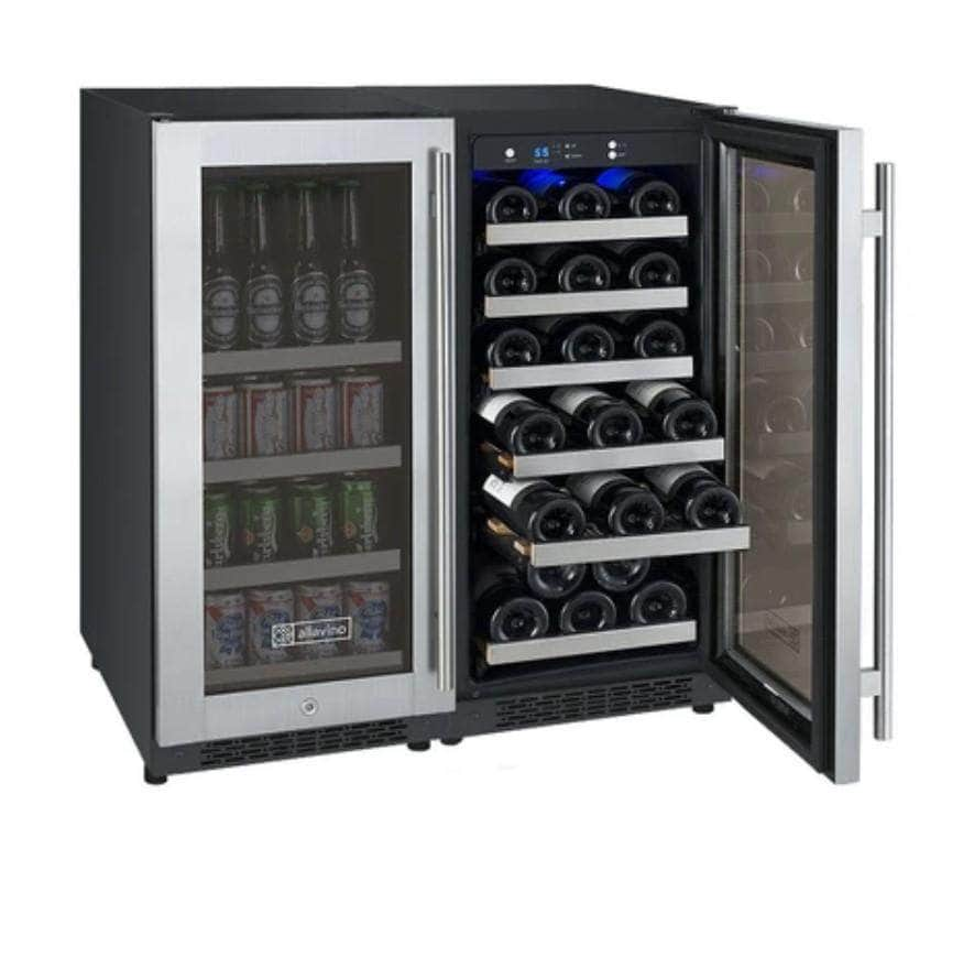 Allavino 30" Wide FlexCount II Tru-Vino 30 Bottle/88 Can Dual Zone Stainless Steel Side-by-Side Wine Refrigerator/Beverage Center (3Z-VSWB15-2S20)