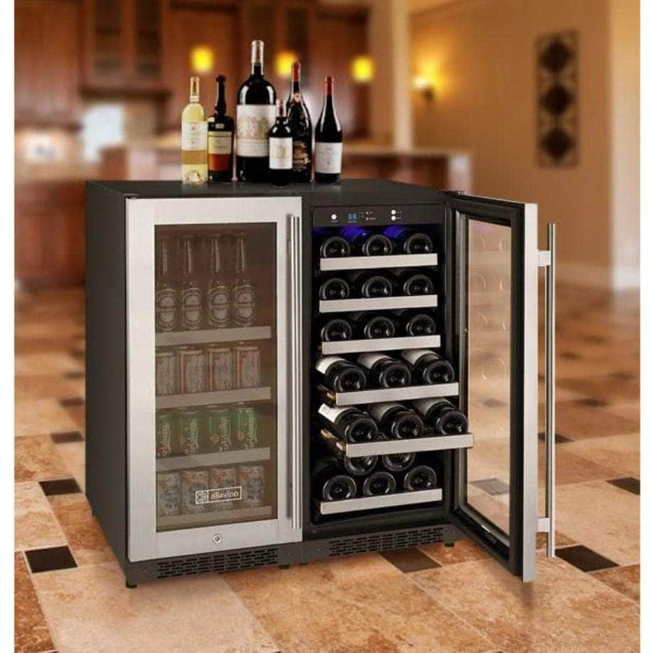 Allavino 30" Wide FlexCount II Tru-Vino 30 Bottle/88 Can Dual Zone Stainless Steel Side-by-Side Wine Refrigerator/Beverage Center (3Z-VSWB15-2S20)