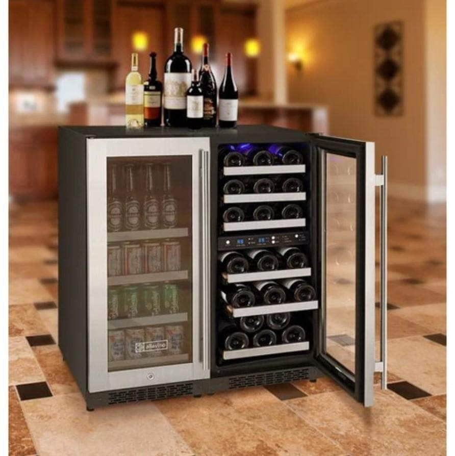 Allavino 30" Wide FlexCount II Tru-Vino 30 Bottle/88 Can Dual Zone Stainless Steel Side-by-Side Wine Refrigerator/Beverage Center (3Z-VSWB15-3S20)