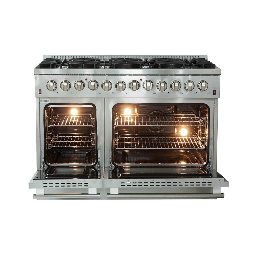 Forno Appliance Package - 48 Inch Dual Fuel Range, Range Hood, Built-In Refrigerator, Microwave Drawer, Dishwasher, Wine Cooler, 33SB-FFSGS6156-48