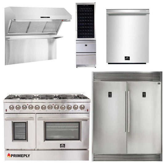 Forno Appliance Package - 48 Inch Dual Fuel Range, Wall Mount Range Hood, Refrigerator, Wine Cooler, Dishwasher, FWCDR-FFSGS6156-48