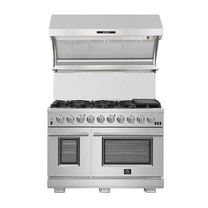 Forno Appliance Package - 48 Inch Dual Fuel Range, Wall Mount Range Hood, Refrigerator, Wine Cooler, Dishwasher, FWCDR-FFSGS6156-48