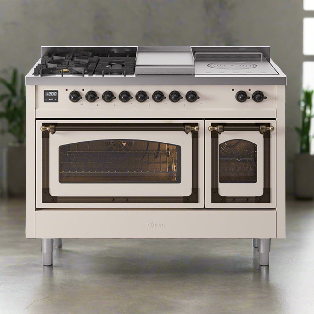 ILVE Nostalgie II Noblesse 48" Dual Fuel Freestanding Range 5 Sealed Burners + Griddle + French Top with Triple Glass Door - UN48FSNMP