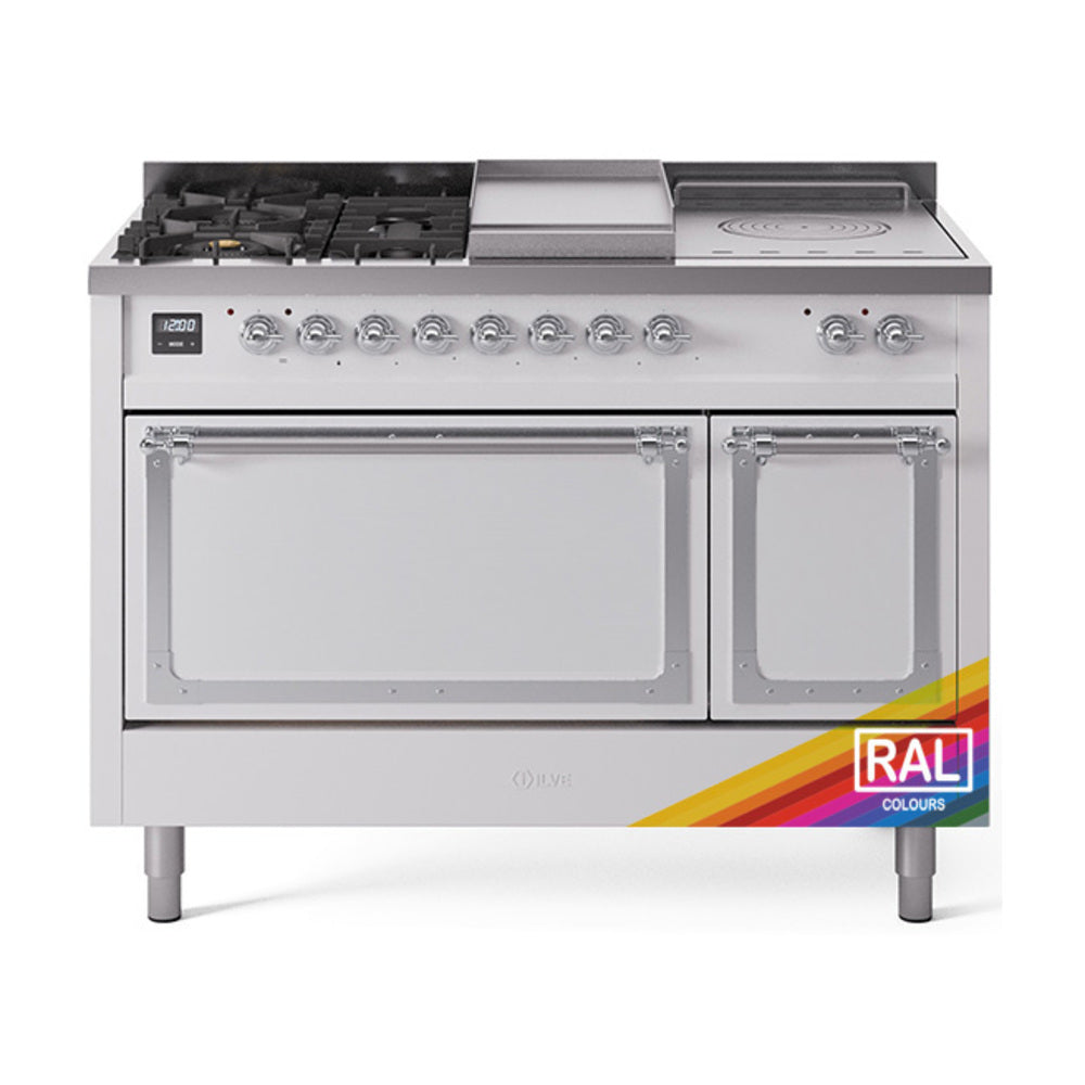 ILVE Nostalgie II Noblesse 48" Dual Fuel Freestanding Range 5 Sealed Burners + Griddle + French Top with Solid Door - UN48FSQNMP