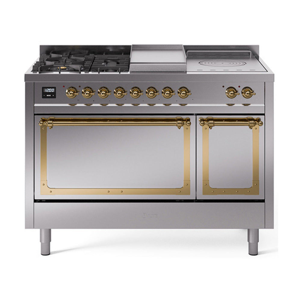 ILVE Nostalgie II Noblesse 48" Dual Fuel Freestanding Range 5 Sealed Burners + Griddle + French Top with Solid Door - UN48FSQNMP