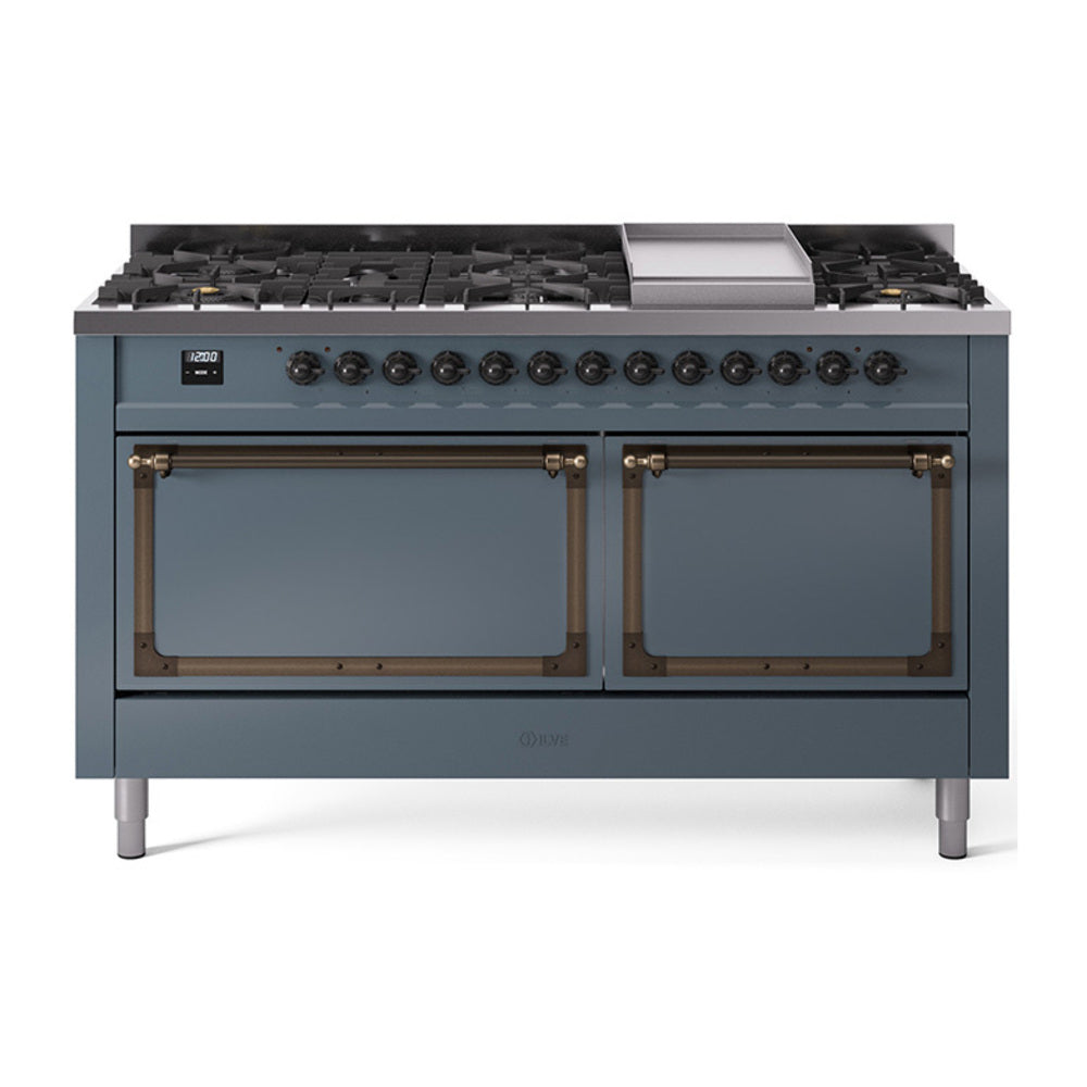 ILVE Nostalgie II Noblesse 60″ Dual Fuel Freestanding Range 9 Sealed Burners + Griddle with Solid Door - UN60FQNMP