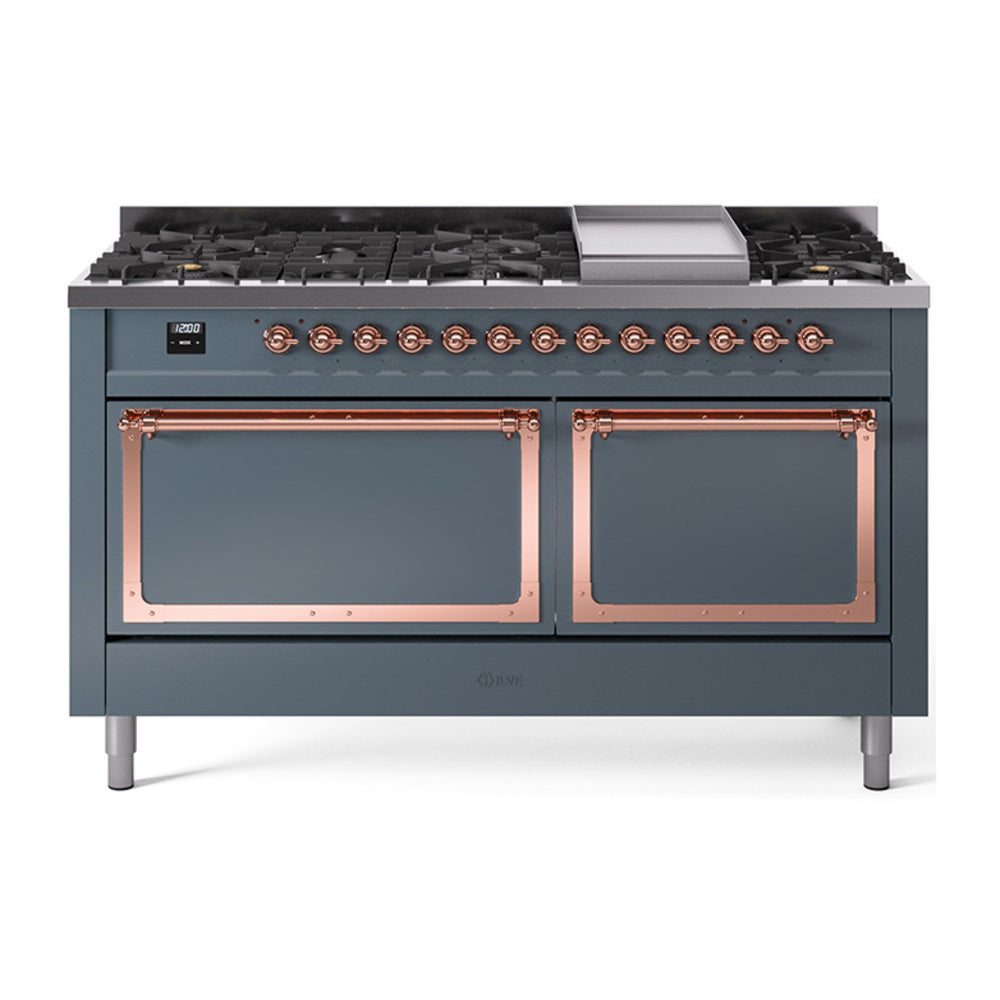 ILVE Nostalgie II Noblesse 60″ Dual Fuel Freestanding Range 9 Sealed Burners + Griddle with Solid Door - UN60FQNMP