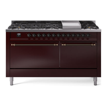 ILVE Nostalgie II Noblesse 60″ Dual Fuel Freestanding Range 9 Sealed Burners + Griddle with Solid Door - UN60FQNMP