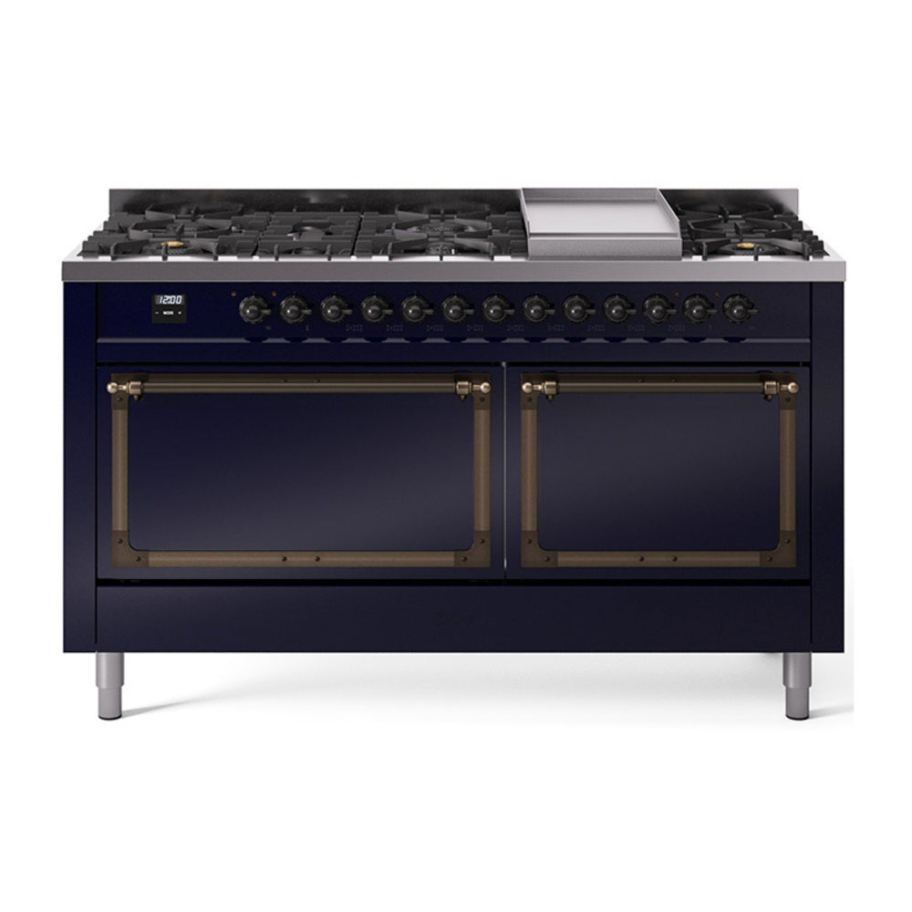 ILVE Nostalgie II Noblesse 60″ Dual Fuel Freestanding Range 9 Sealed Burners + Griddle with Solid Door - UN60FQNMP