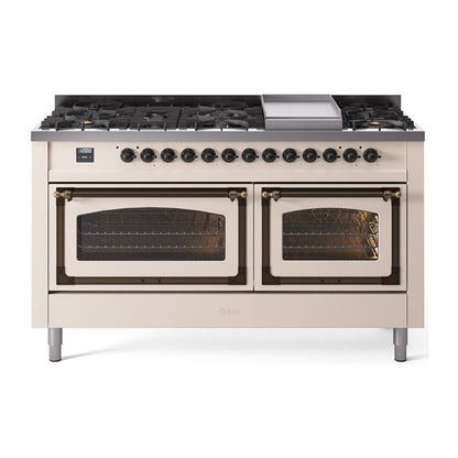 ILVE Nostalgie II Noblesse 60" Dual Fuel Freestanding Range with 9 Sealed Burners + Griddle with Triple Glass Door - UN60FNMP