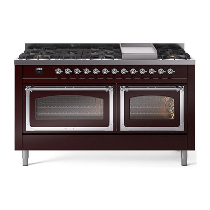 ILVE Nostalgie II Noblesse 60" Dual Fuel Freestanding Range with 9 Sealed Burners + Griddle with Triple Glass Door - UN60FNMP