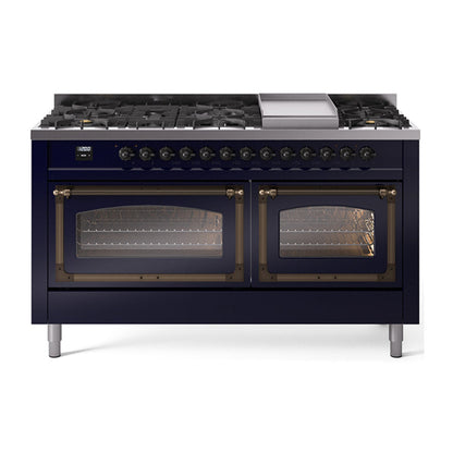 ILVE Nostalgie II Noblesse 60" Dual Fuel Freestanding Range with 9 Sealed Burners + Griddle with Triple Glass Door - UN60FNMP