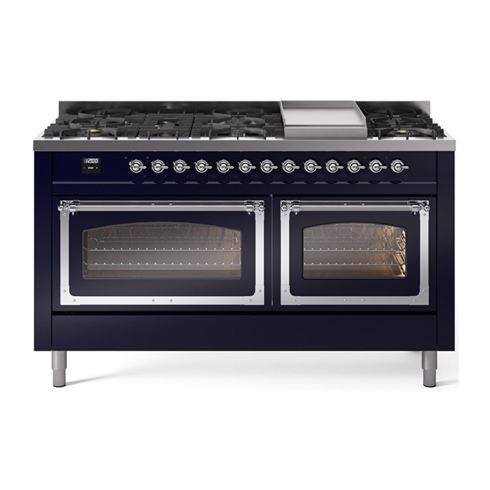 ILVE Nostalgie II Noblesse 60" Dual Fuel Freestanding Range with 9 Sealed Burners + Griddle with Triple Glass Door - UN60FNMP