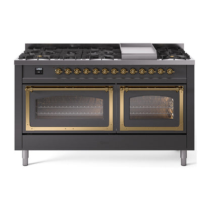 ILVE Nostalgie II Noblesse 60" Dual Fuel Freestanding Range with 9 Sealed Burners + Griddle with Triple Glass Door - UN60FNMP