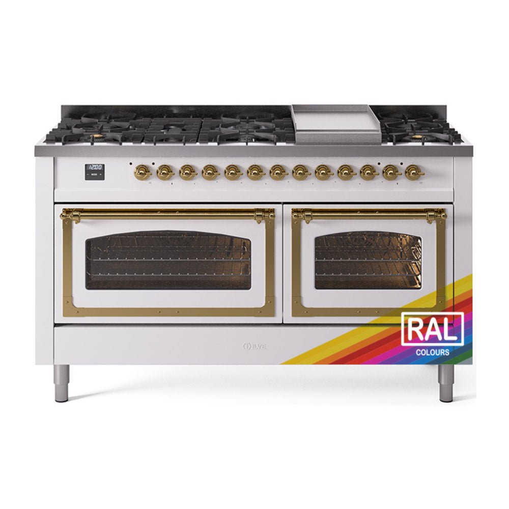 ILVE Nostalgie II Noblesse 60" Dual Fuel Freestanding Range with 9 Sealed Burners + Griddle with Triple Glass Door - UN60FNMP