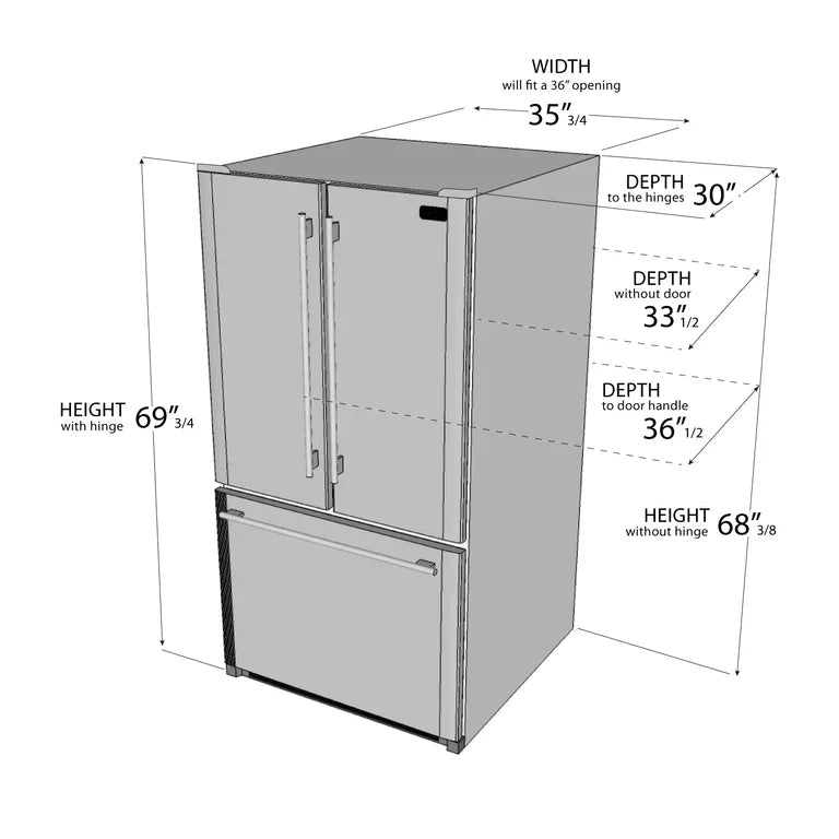 Kucht 36-Inch 26.1 Cu. Ft. French Door Refrigerator with Interior Ice Maker in Black (K748FDS-K)