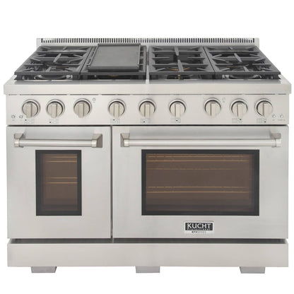 Kucht 4-Piece Appliance Package - 48-Inch Gas Range, Refrigerator, Wall Mount Hood, & Dishwasher in Stainless Steel