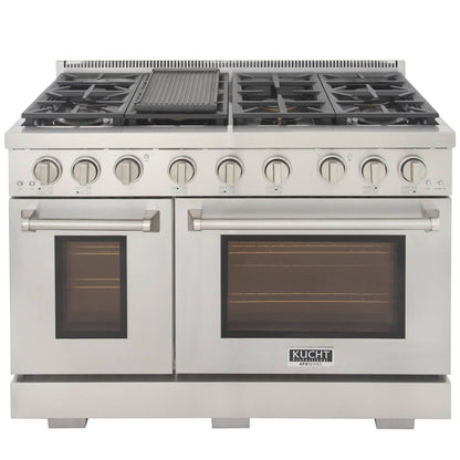 Kucht 4-Piece Appliance Package - 48-Inch Gas Range, Refrigerator, Wall Mount Hood, & Dishwasher in Stainless Steel