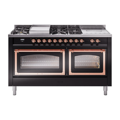 ILVE Nostalgie II Noblesse 60" Dual Fuel Range with 7 Sealed Burners + Griddle + French Top with Triple Glass Door - UN60FSNMP