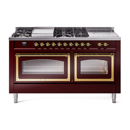 ILVE Nostalgie II Noblesse 60" Dual Fuel Range with 7 Sealed Burners + Griddle + French Top with Triple Glass Door - UN60FSNMP