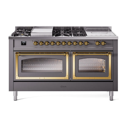 ILVE Nostalgie II Noblesse 60" Dual Fuel Range with 7 Sealed Burners + Griddle + French Top with Triple Glass Door - UN60FSNMP