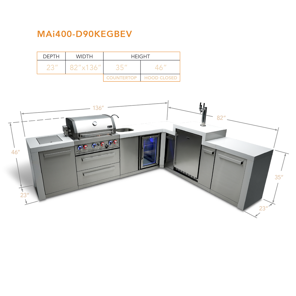 Mont Alpi 400 Deluxe BBQ Grill Island with 90 Degree Corner, Kegerator and Beverage Center - MAI400-D90KEGBEV