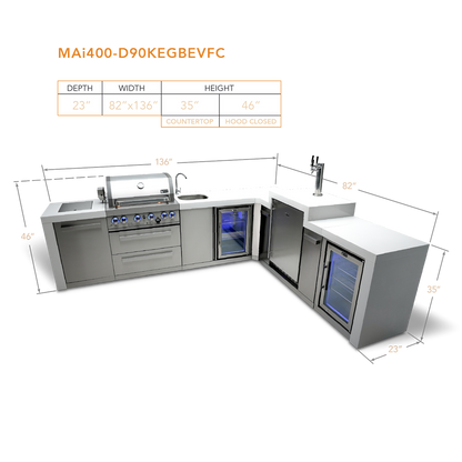 Mont Alpi 400 Deluxe BBQ Grill Island with 90 Degree Corner, Kegerator, Beverage Center and Fridge Cabinet - MAi400-D90KEGBEVFC