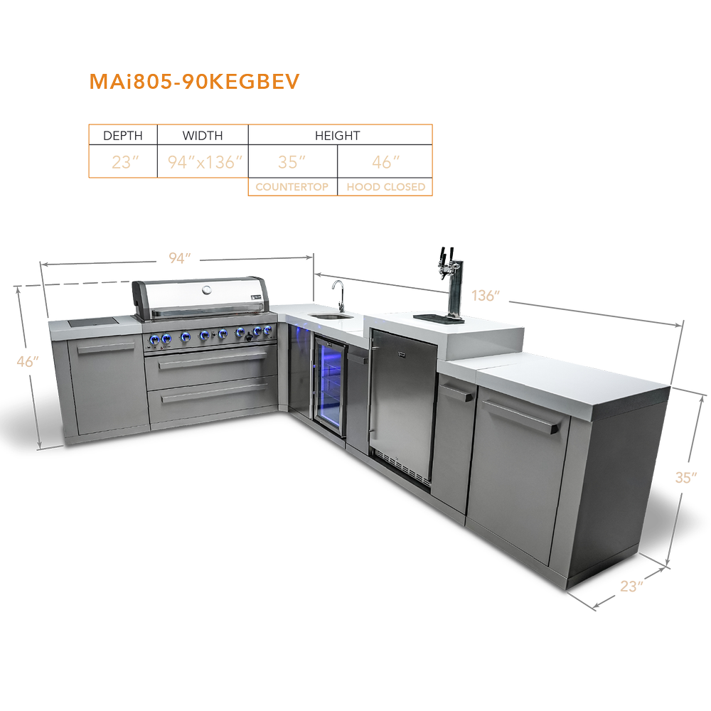 Mont Alpi 805 BBQ Grill Island with 90 Degree Corner, Kegerator and Beverage Center - MAi805-90KEGBEV