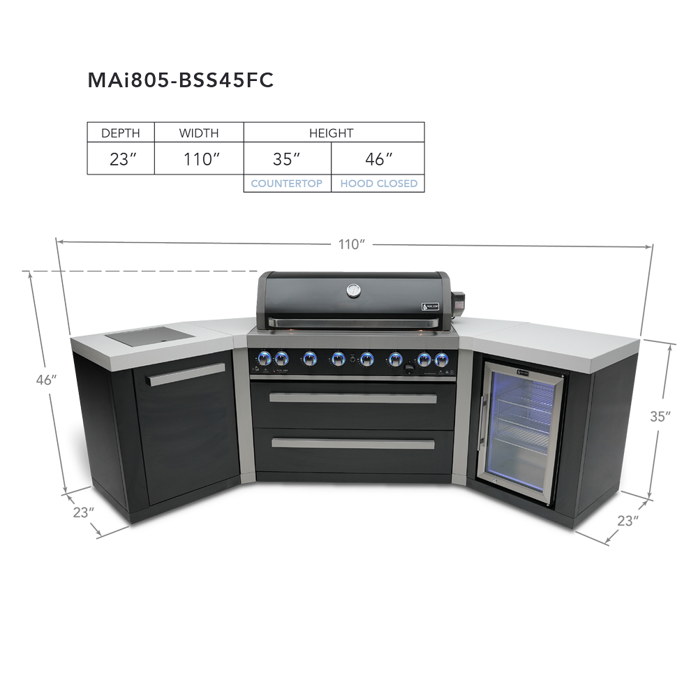 Mont Alpi 805 Black Stainless Steel BBQ Grill Island with 45 Degree Corners and Fridge - MAi805-BSS45FC