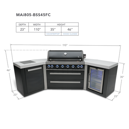 Mont Alpi 805 Black Stainless Steel BBQ Grill Island with 45 Degree Corners and Fridge - MAi805-BSS45FC