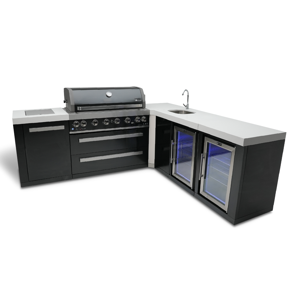 Mont Alpi 805 Black Stainless Steel BBQ Grill Island with 90 Degree Corner, Beverage Center and Fridge Cabinet - MAi805-BSS90BEVFC