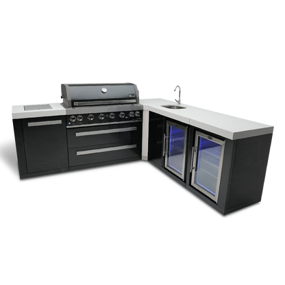 Mont Alpi 805 Black Stainless Steel BBQ Grill Island with 90 Degree Corner, Beverage Center and Fridge Cabinet - MAi805-BSS90BEVFC