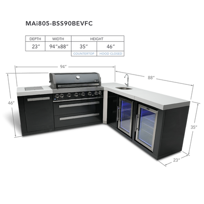 Mont Alpi 805 Black Stainless Steel BBQ Grill Island with 90 Degree Corner, Beverage Center and Fridge Cabinet - MAi805-BSS90BEVFC