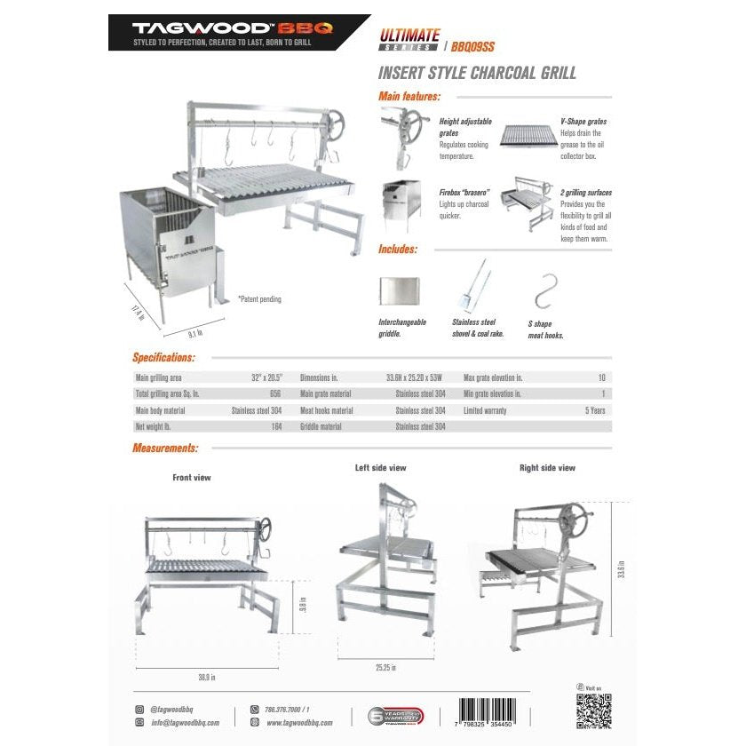 Tagwood BBQ Insert Style Argentine Santa Maria Wood Fire & Charcoal Grill without firebricks | BBQ09SS