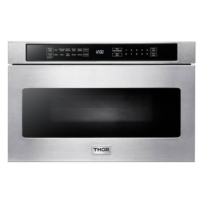 Thor Kitchen 6-Piece Appliance Package - 36-Inch Electric Range, Under Cabinet Range Hood, Refrigerator with Water Dispenser, Dishwasher, Microwave, and Wine Cooler in Stainless Steel