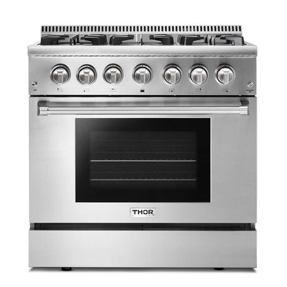 Thor Kitchen 4-Piece Pro Appliance Package - 36-Inch Dual Fuel Range, Refrigerator with Water Dispenser, Dishwasher, & Microwave Drawer in Stainless Steel