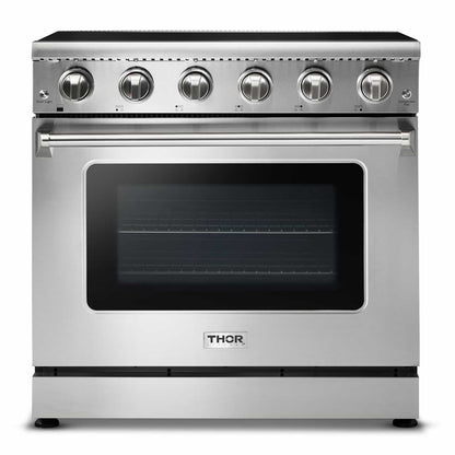 Thor Kitchen 5-Piece Appliance Package - 36-Inch Electric Range, Refrigerator with Water Dispenser, Dishwasher, Microwave Drawer, & Wine Cooler in Stainless Steel