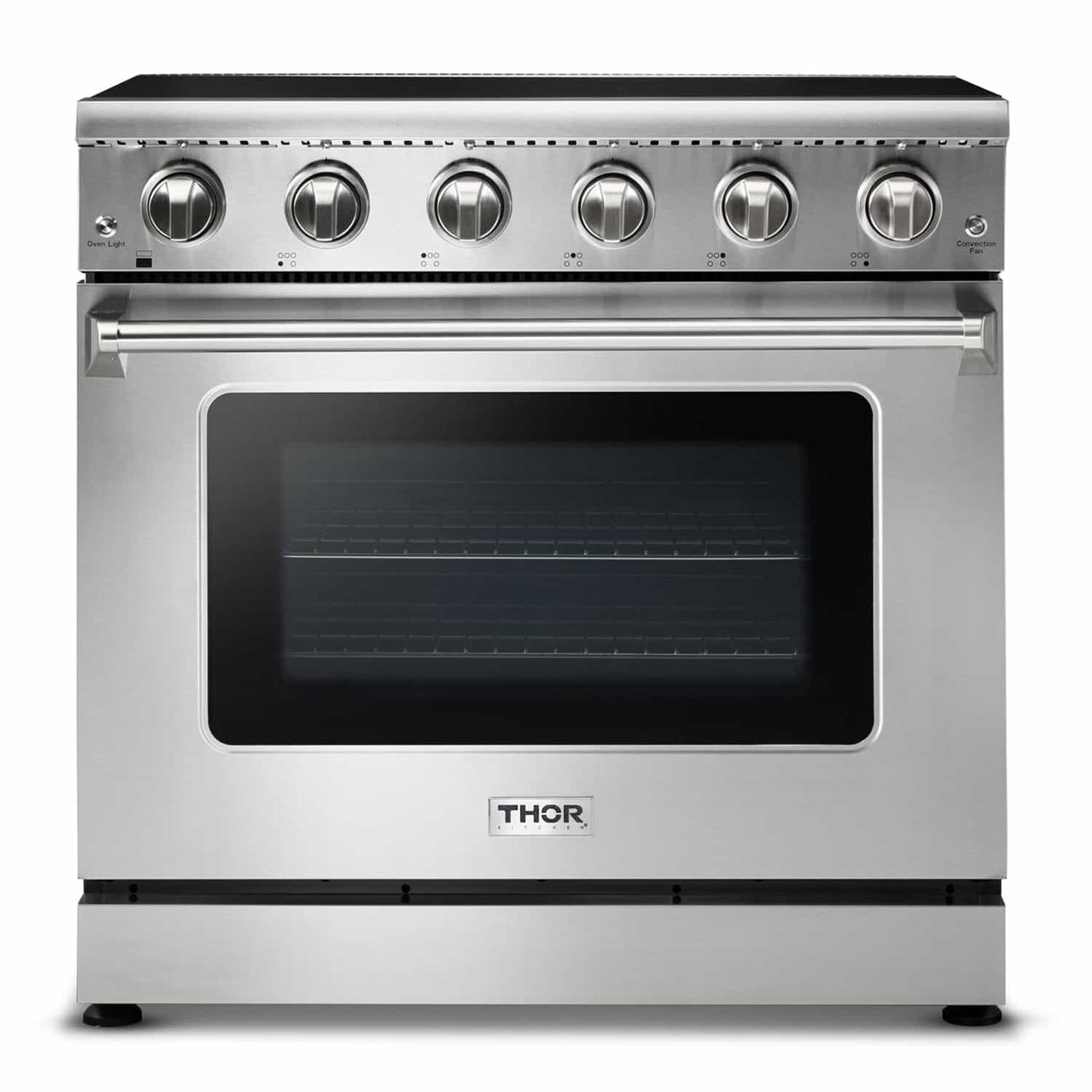 Thor Kitchen 5-Piece Appliance Package - 36-Inch Electric Range, Refrigerator with Water Dispenser, Under Cabinet Hood, Dishwasher, & Microwave Drawer in Stainless Steel