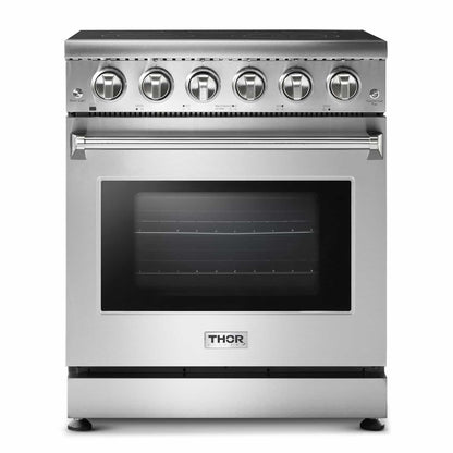 Thor Kitchen 6-Piece Appliance Package - 30-Inch Electric Range, Refrigerator with Water Dispenser, Wall Mount Hood, Dishwasher, Microwave Drawer, & Wine Cooler in Stainless Steel