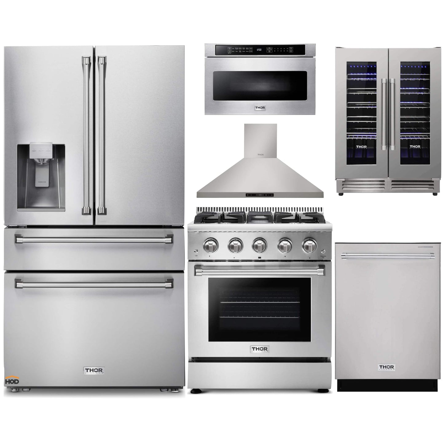 Thor Kitchen 6-Piece Pro Appliance Package - 30-Inch Gas Range, Refrigerator with Water Dispenser, Wall Mount Hood, Dishwasher, Microwave Drawer, & Wine Cooler in Stainless Steel