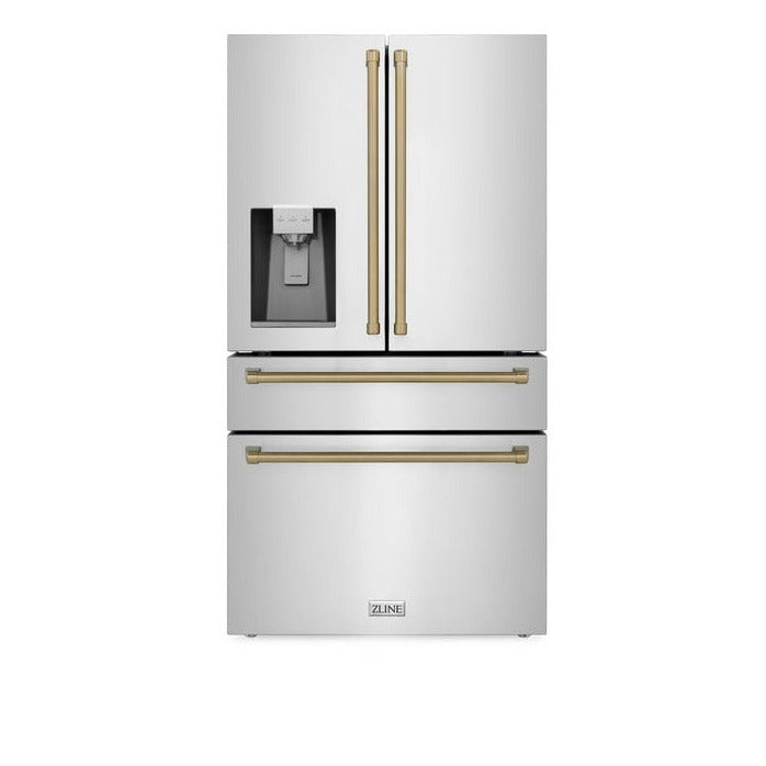 ZLINE 36" Autograph Edition 21.6 cu. ft Freestanding French Door Refrigerator with Water and Ice Dispenser in Fingerprint Resistant Stainless Steel with Accents - RFMZ-W-36