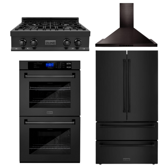 ZLINE 4-Piece Appliance Package - 30 In. Rangetop, Range Hood, Refrigerator, and Double Wall Oven in Black Stainless Steel - 4KPR-RTBRH30-AWD