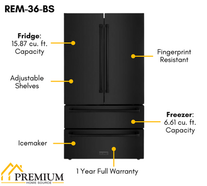 ZLINE 4-Piece Appliance Package - 36 In. Rangetop, Range Hood, Refrigerator, and Wall Oven in Black Stainless Steel - 4KPR-RTBRH36-AWS